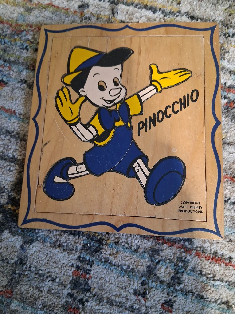 Disney Pinocchio Wooden Puzzle Vintage- Blue, Yellow & Black
